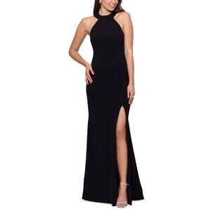 Betsy & Adam Backless Halter Thigh Slit Evening Gown Black Size 8 Formal Dress